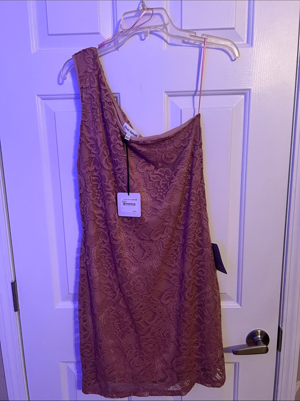 One-Shoulder Lace Mini Dress in Mauve